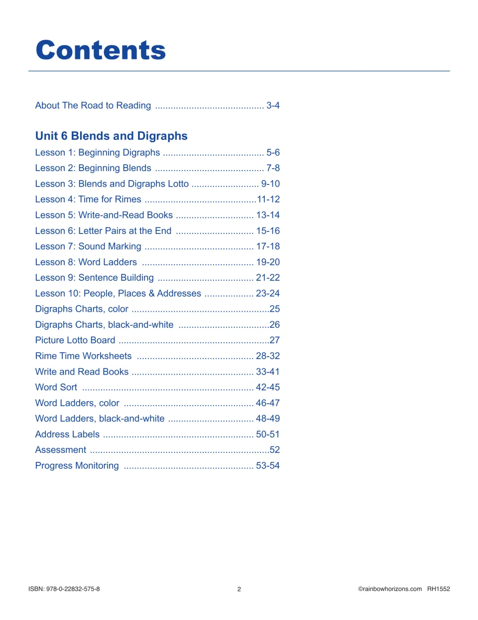 Contents lists 10 blends and digraphs lessons, reproducible activities, assessment, and progress monitoring.