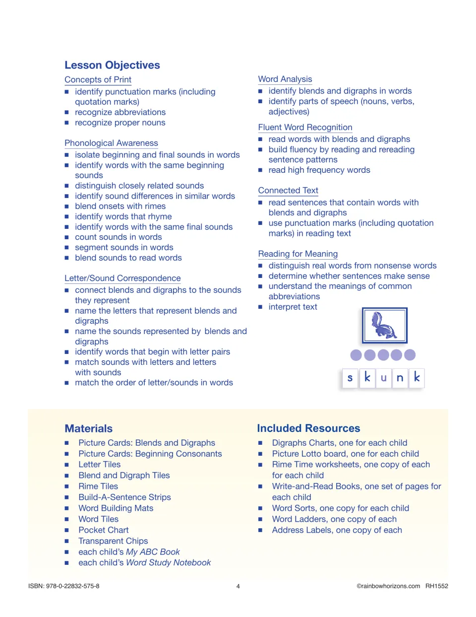 Unit planning page lists reading objectives, materials such as letter tiles, and included printable resources.