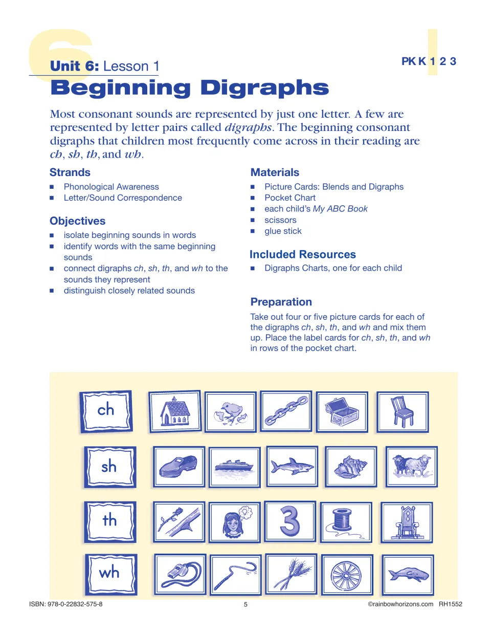 Lesson 1 introduces beginning digraphs ch, sh, th, and wh, with objectives and picture-card preparation.