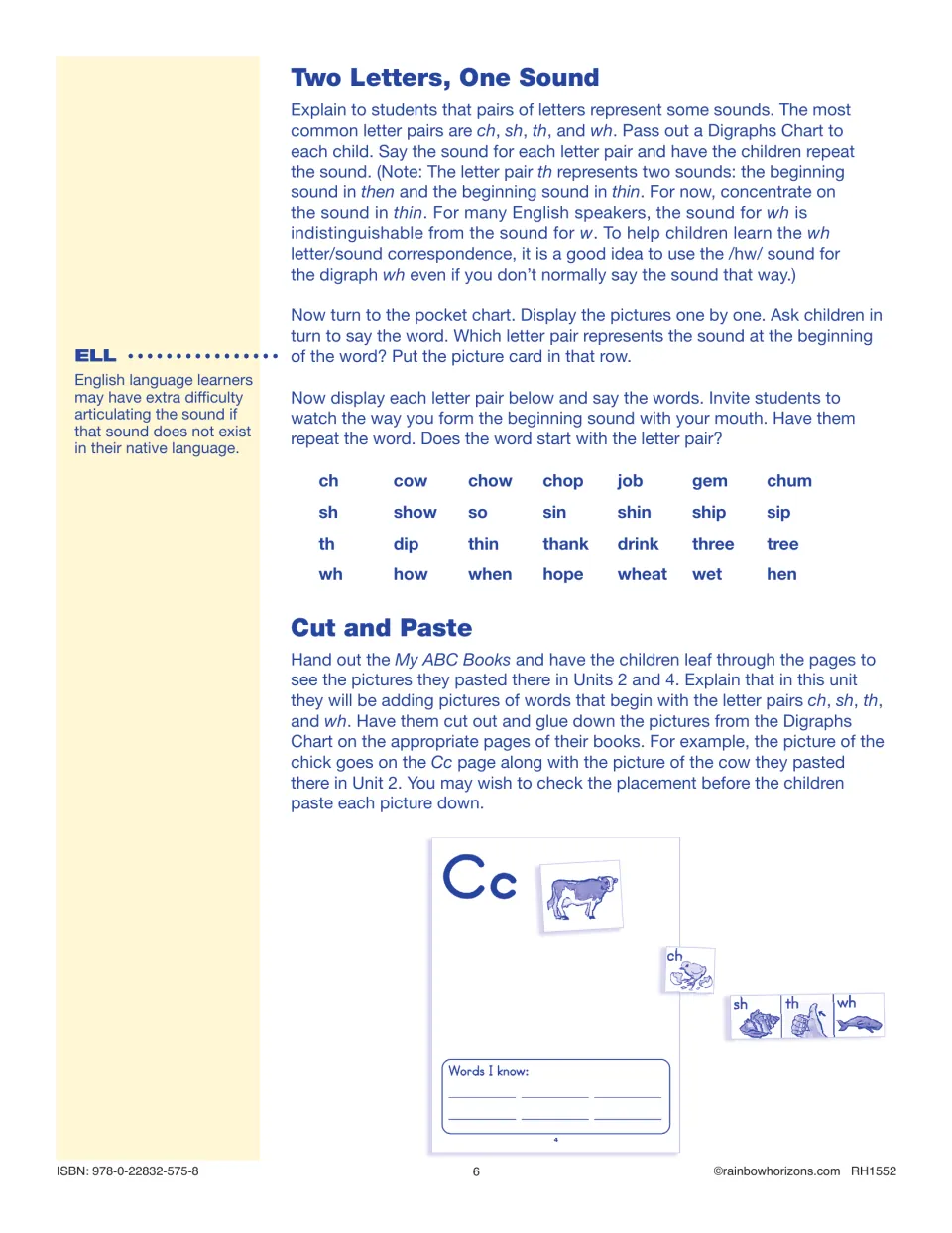 Lesson 1 directions teach ch, sh, th, and wh sounds through picture sorting and an ABC book cut-and-paste task.