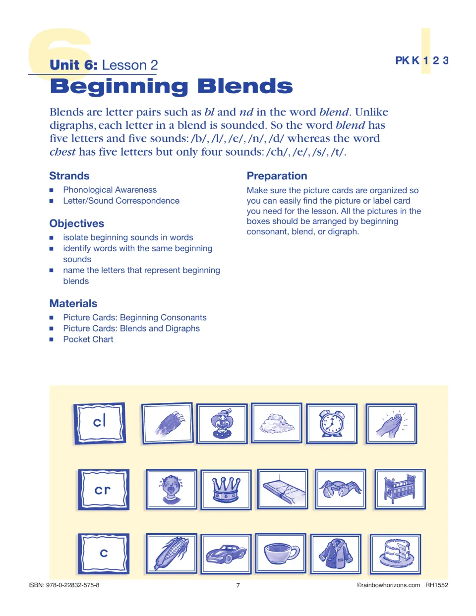 Lesson 2 introduces beginning blends, contrasts blend with chest, and lists picture-card sorting preparation.
