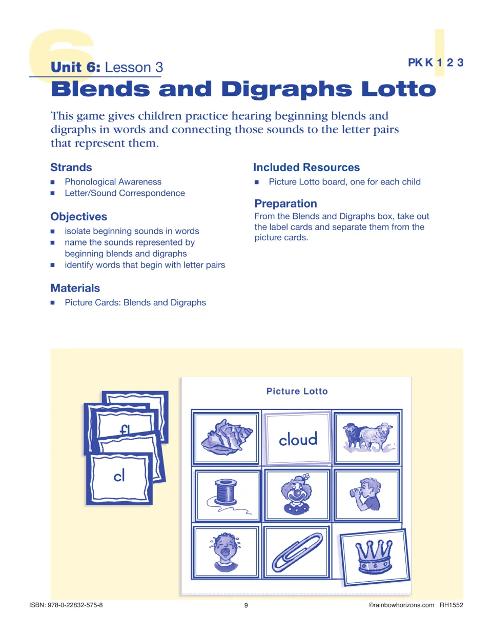 Lesson 3 introduces Blends and Digraphs Lotto with objectives, picture-card materials, and game preparation.