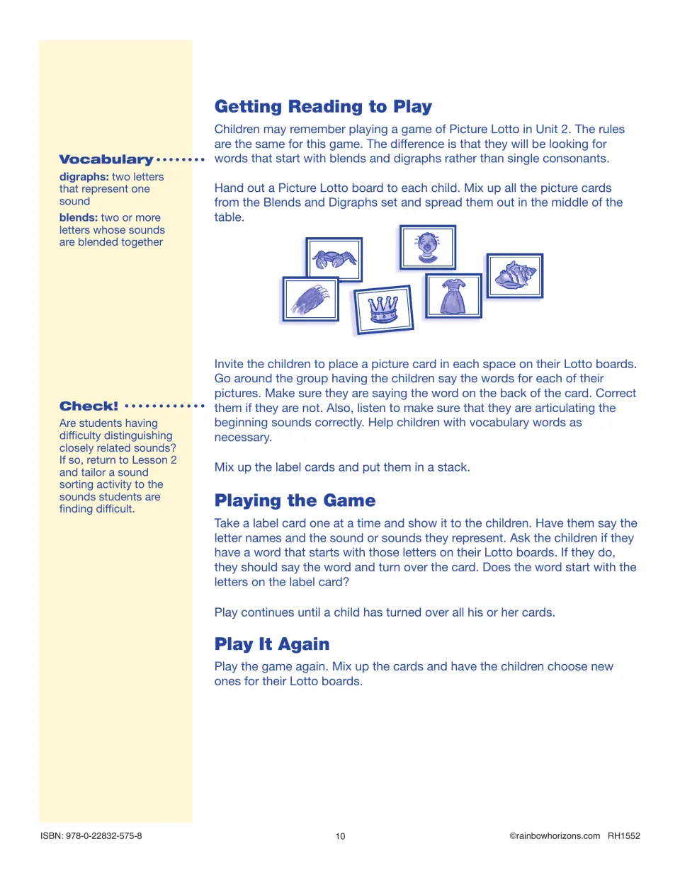 Lesson 3 explains setting up Picture Lotto, matching beginning sounds to label cards, and replaying the game.