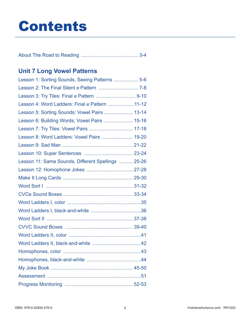 Contents for Unit 7 lists 12 long-vowel lessons, reproducible activities, assessment, and progress monitoring
