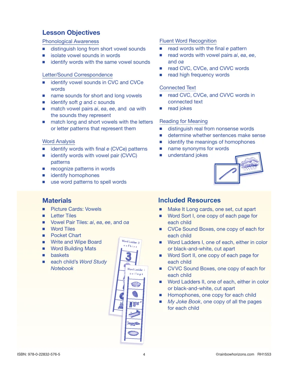 Unit planning page lists reading objectives, teaching materials, word sorts, sound boxes, and a joke book