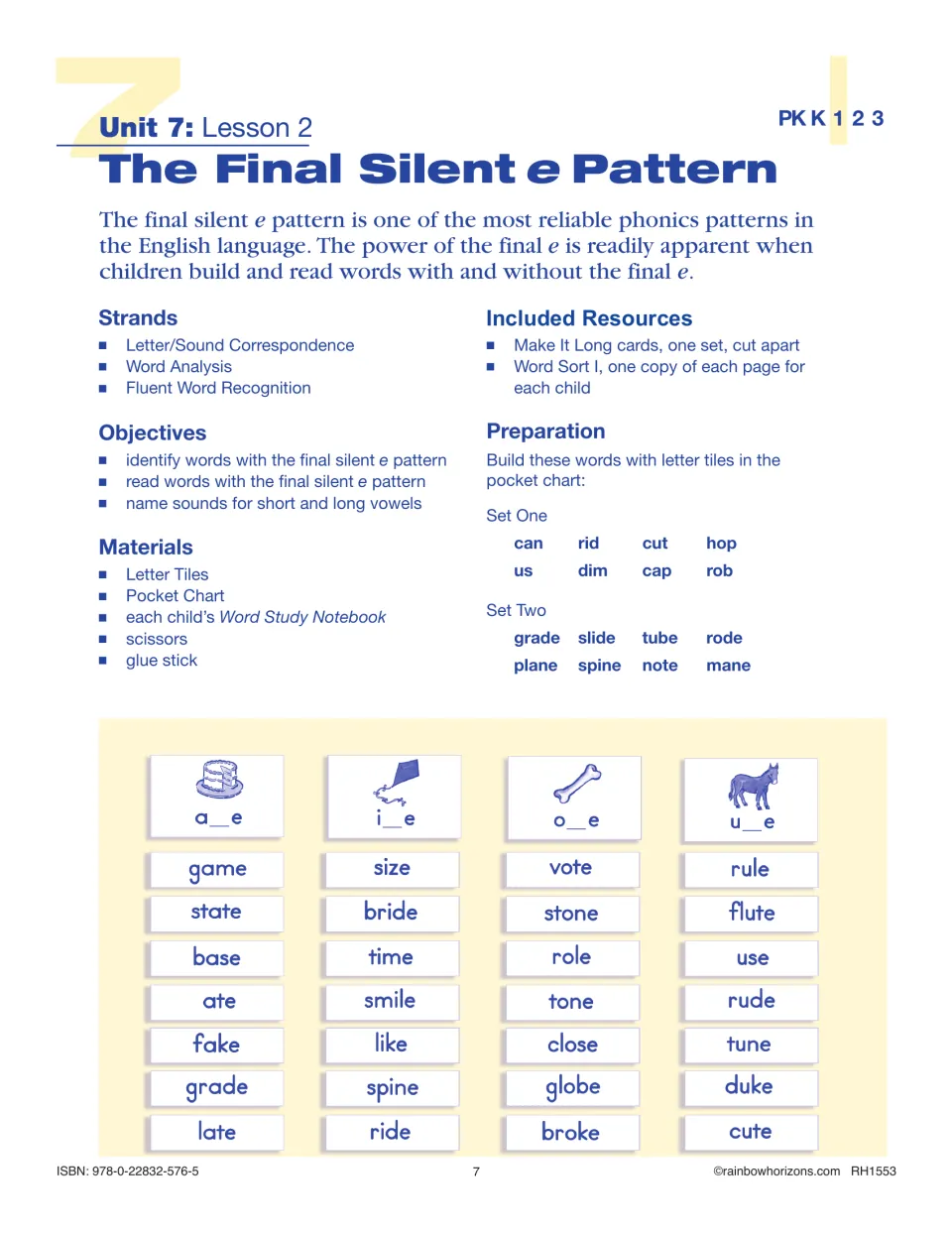 Lesson 2 opening introduces the final silent e pattern with objectives, materials, and word sets to build