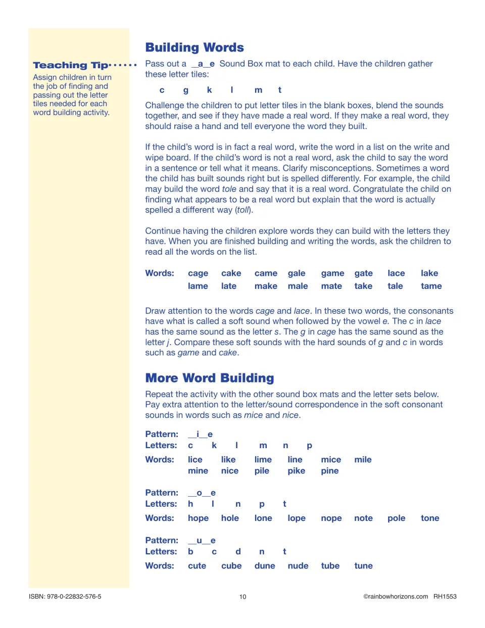 Lesson 3 directions build silent e words with letter tiles, compare real and nonsense words, and teach soft c and g