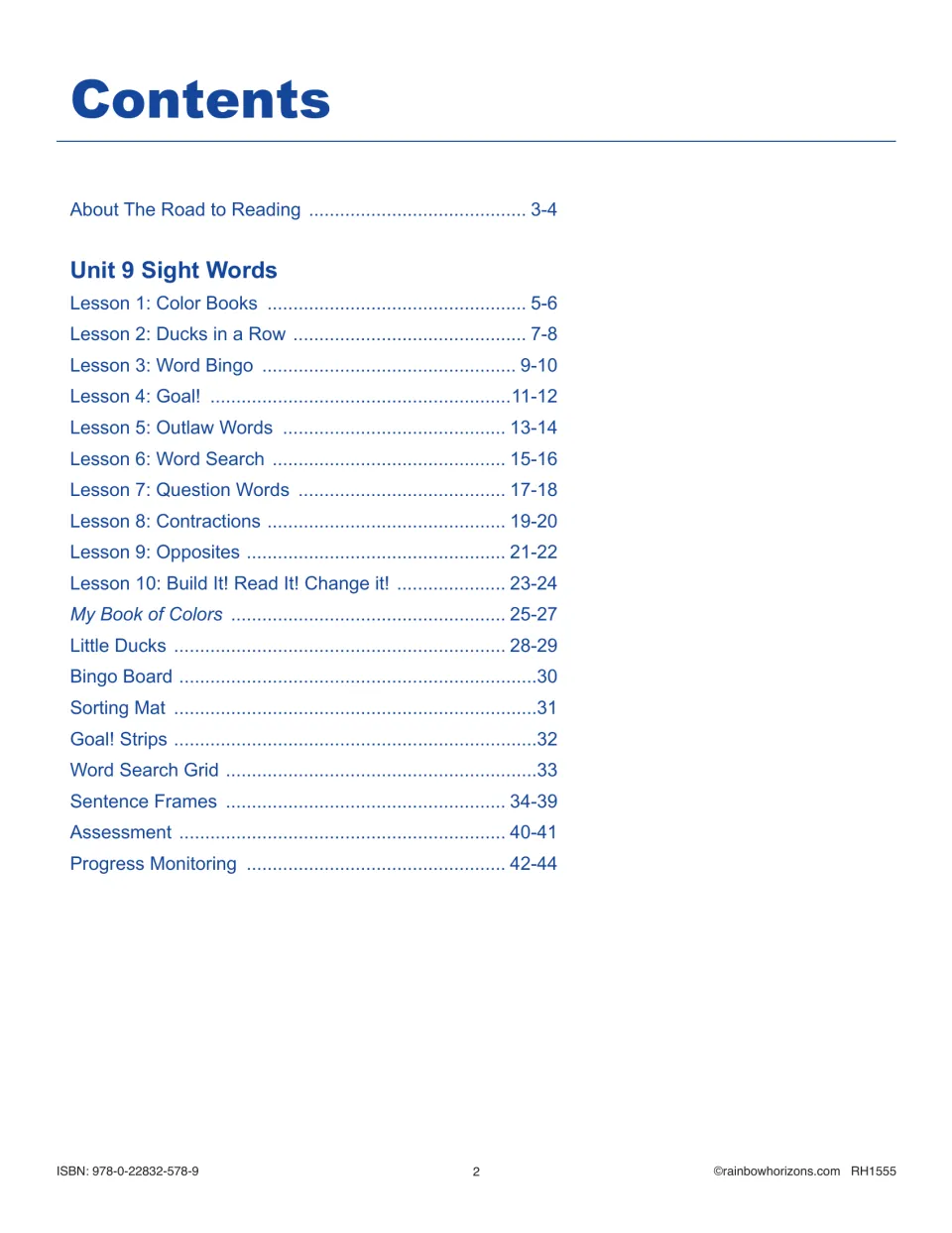 Contents for Unit 9 Sight Words: 10 lessons such as Word Bingo and Contractions, plus printable pages and assessment