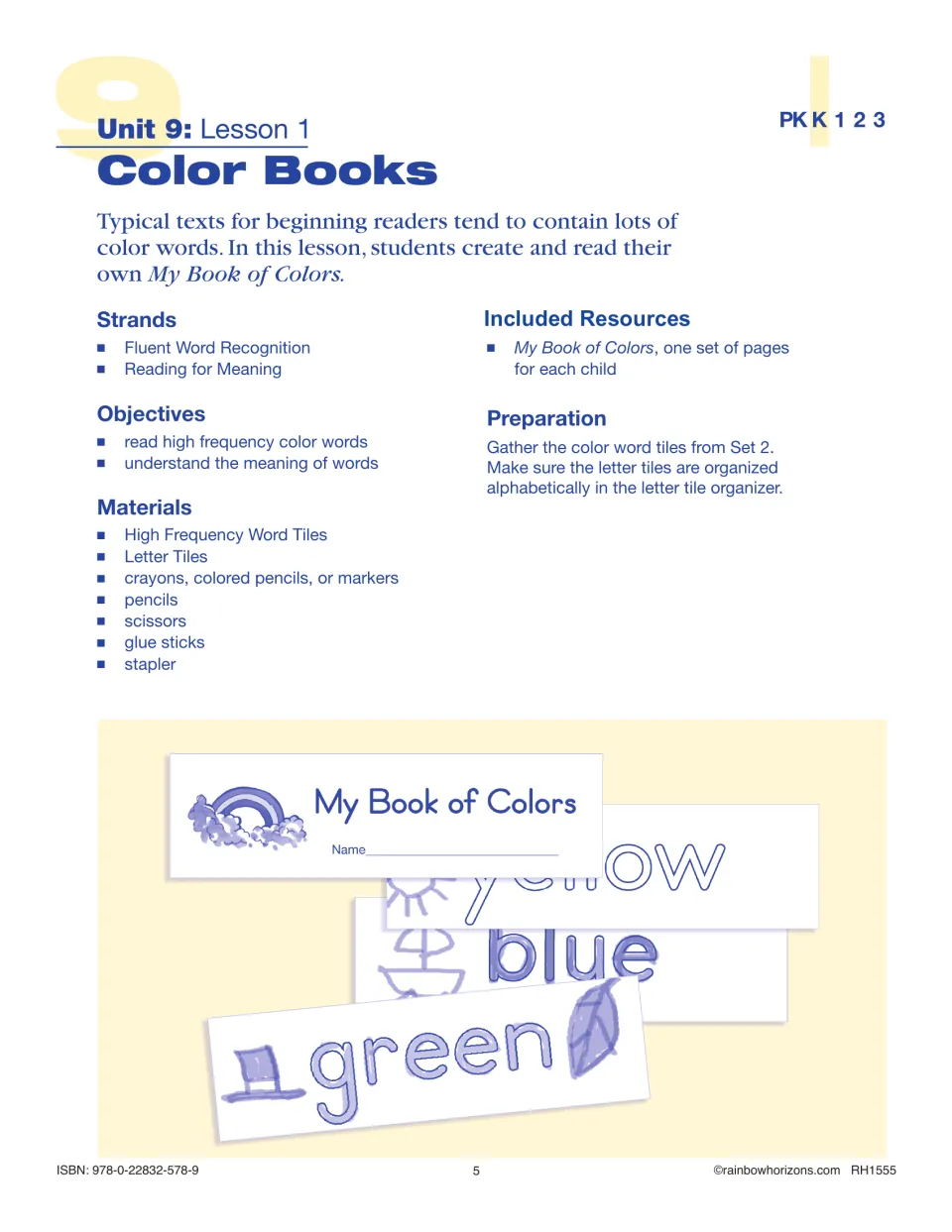 Lesson 1 Color Books plan: students read color words and make My Book of Colors; lists strands, objectives and materials