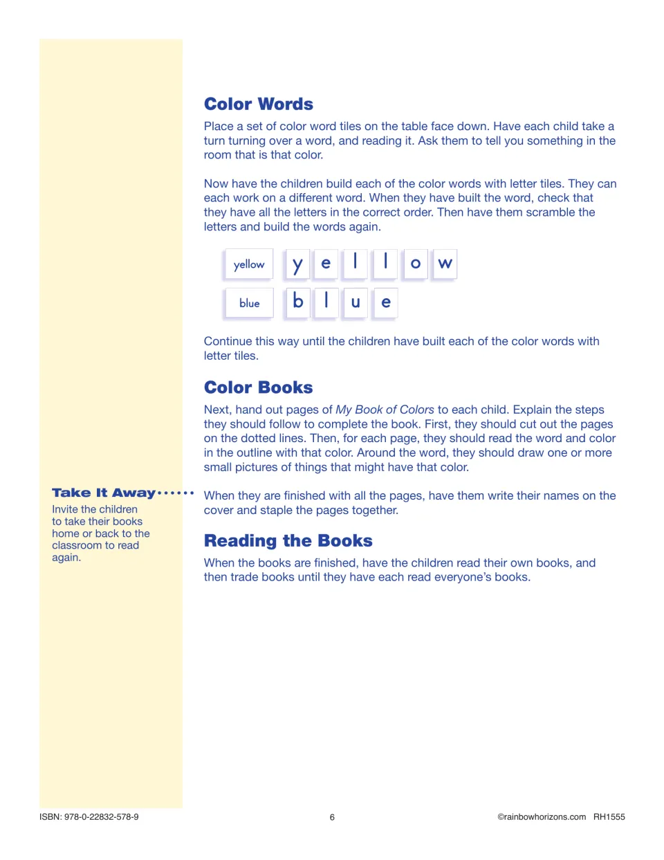 Color Books steps: children build color words like yellow and blue with letter tiles, then cut, color and read their books