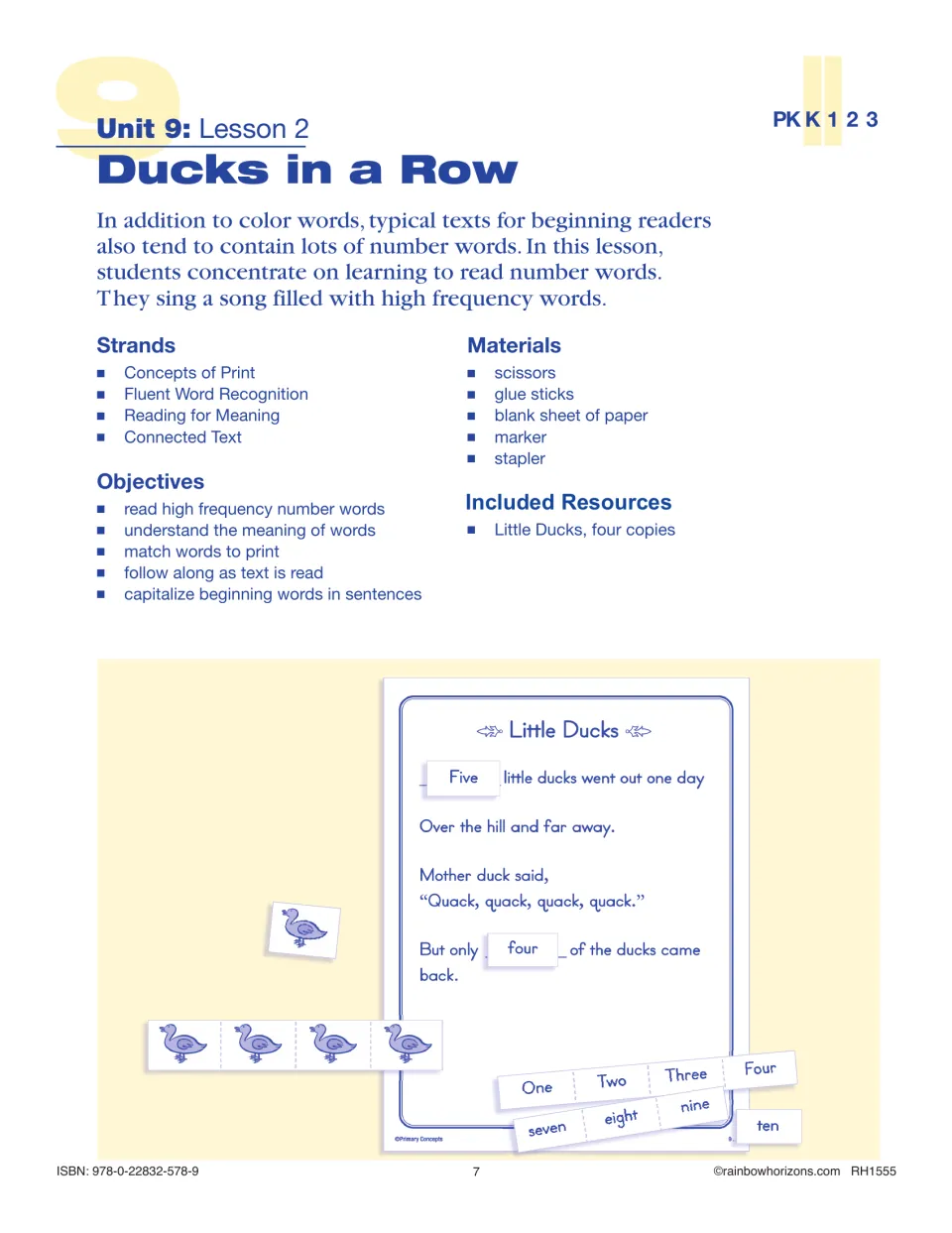 Lesson 2 Ducks in a Row plan: reading number words with the Little Ducks song, showing strands, objectives and materials