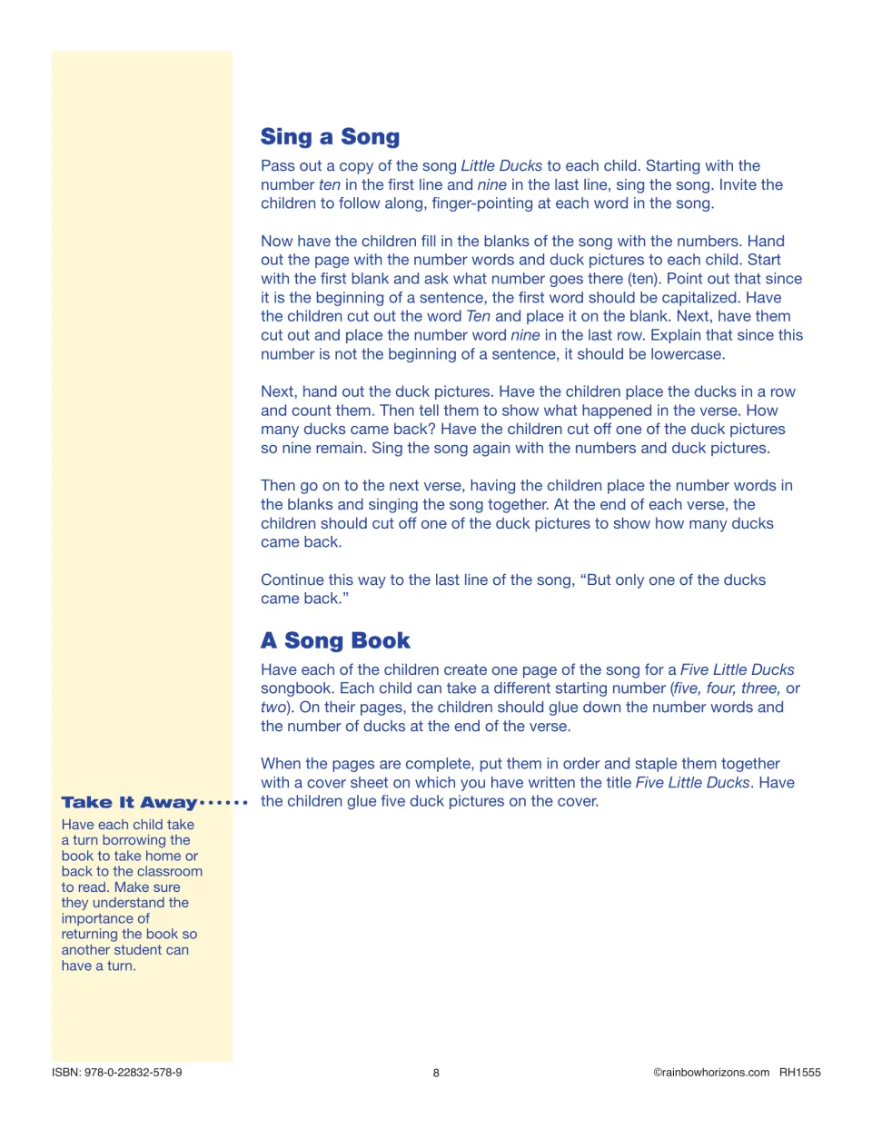 Sing a Song steps: children fill song blanks with number words, remove a duck each verse, then make a songbook page