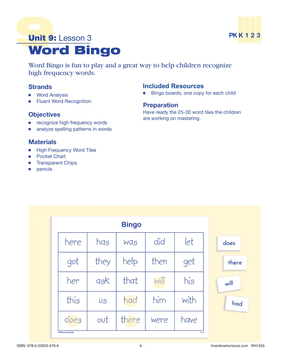 Lesson 3 Word Bingo plan: recognizing high frequency words such as they, was and there on a bingo board with word tiles