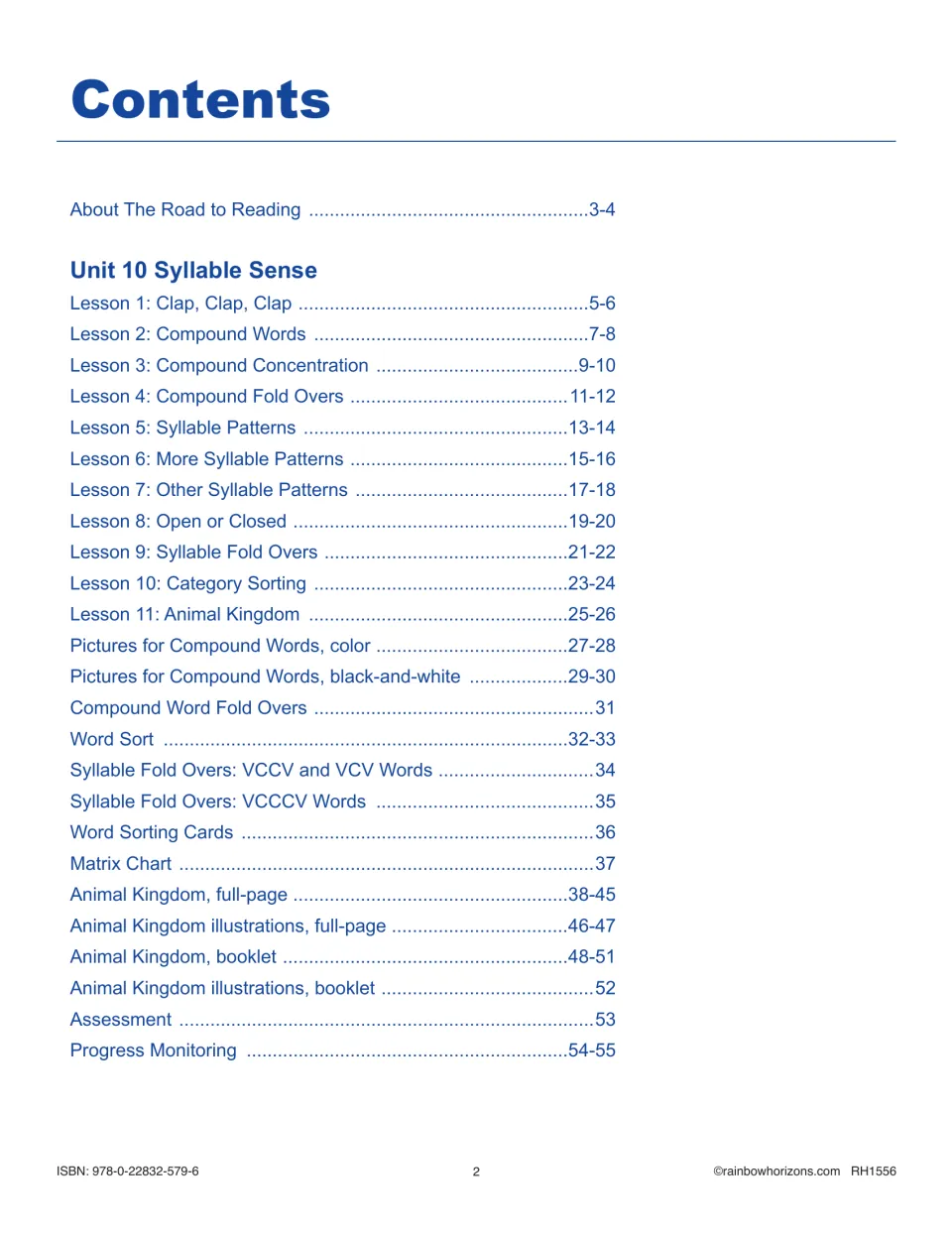 Contents for Unit 10: Lessons 1-11 from Clap, Clap, Clap to Animal Kingdom, plus fold overs, word sorts and assessment