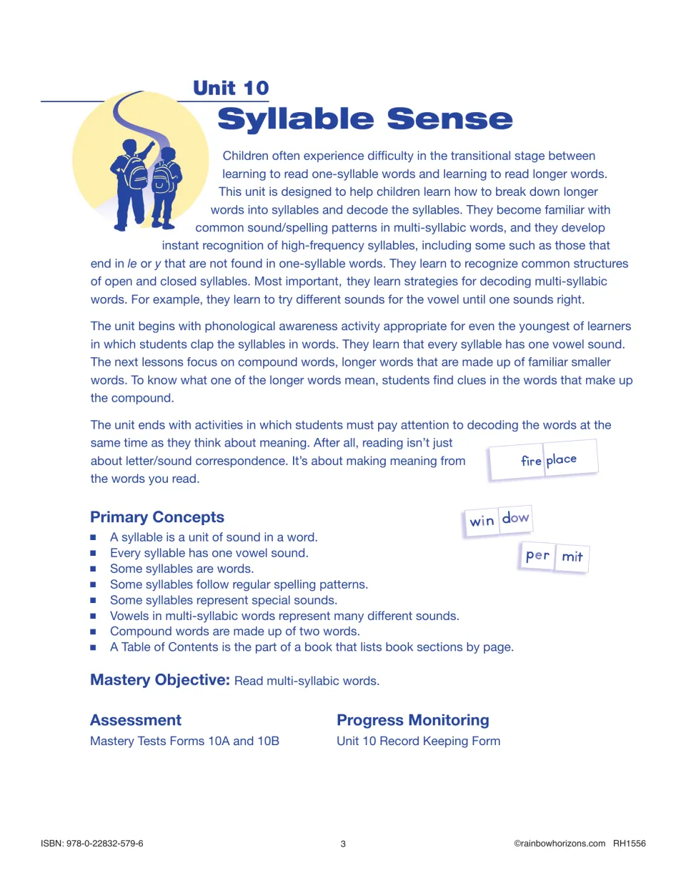 Unit 10 overview: how children learn to split long words into syllables, with primary concepts and the mastery objective