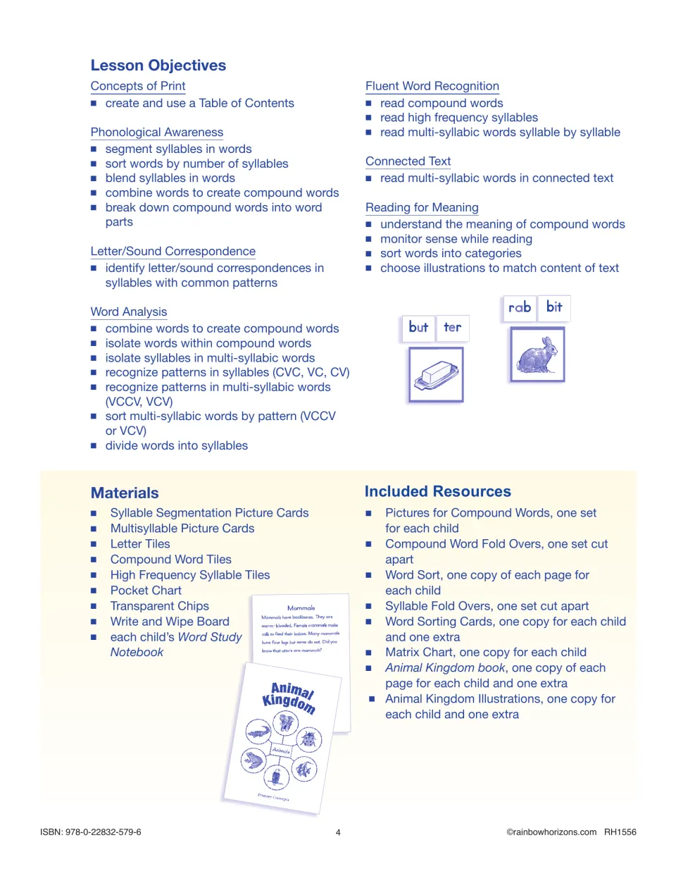 Lesson objectives by strand, from phonological awareness to word analysis, plus materials and included resources