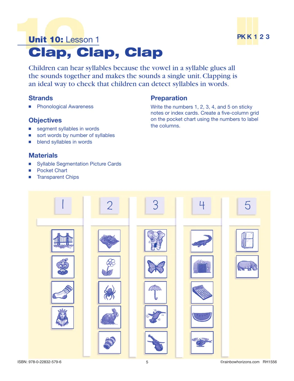 Lesson 1, Clap, Clap, Clap: children clap syllables and sort picture cards into pocket-chart columns for 1 to 5 syllables