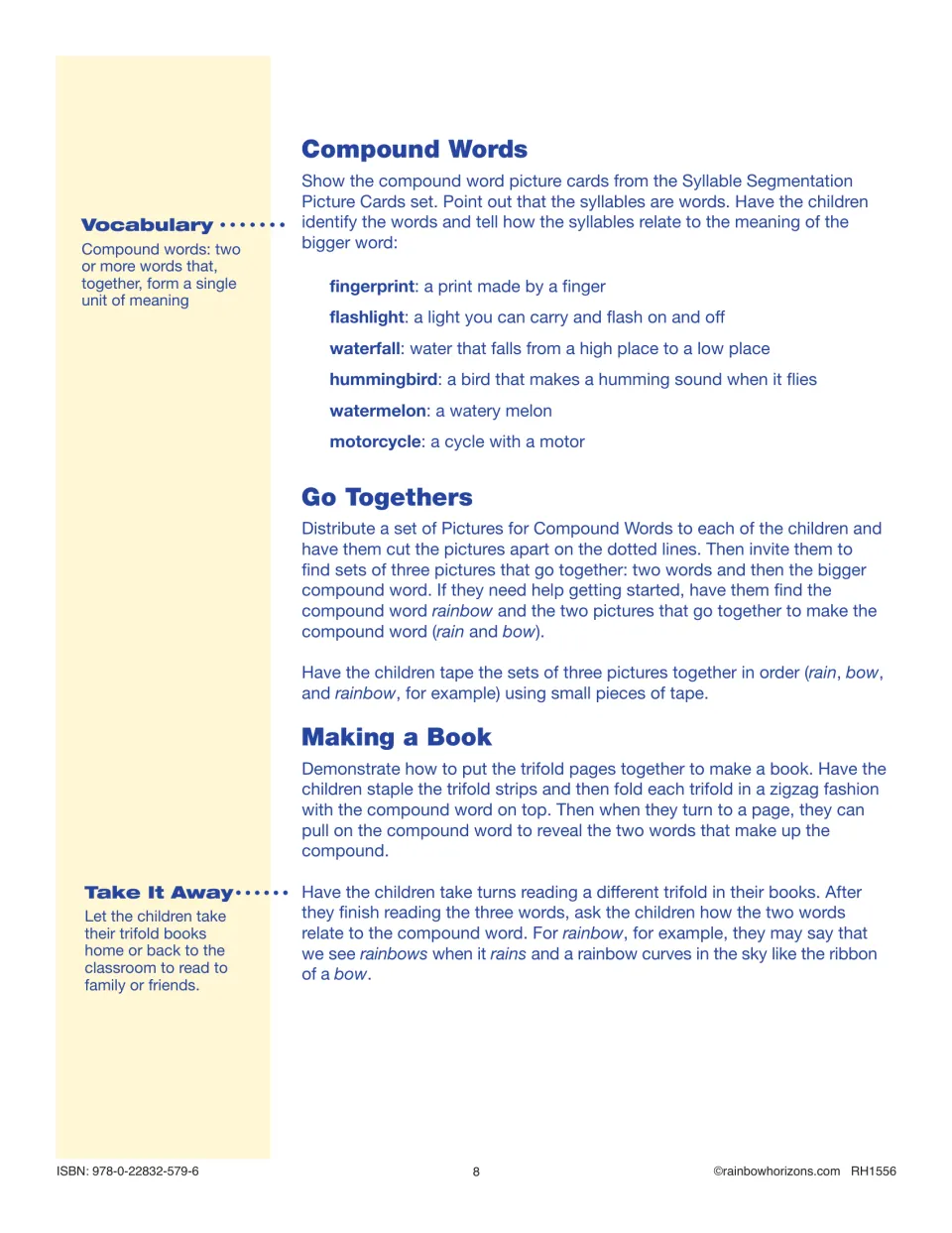 Compound word meanings like fingerprint and motorcycle, then students match picture sets and staple trifolds into a book