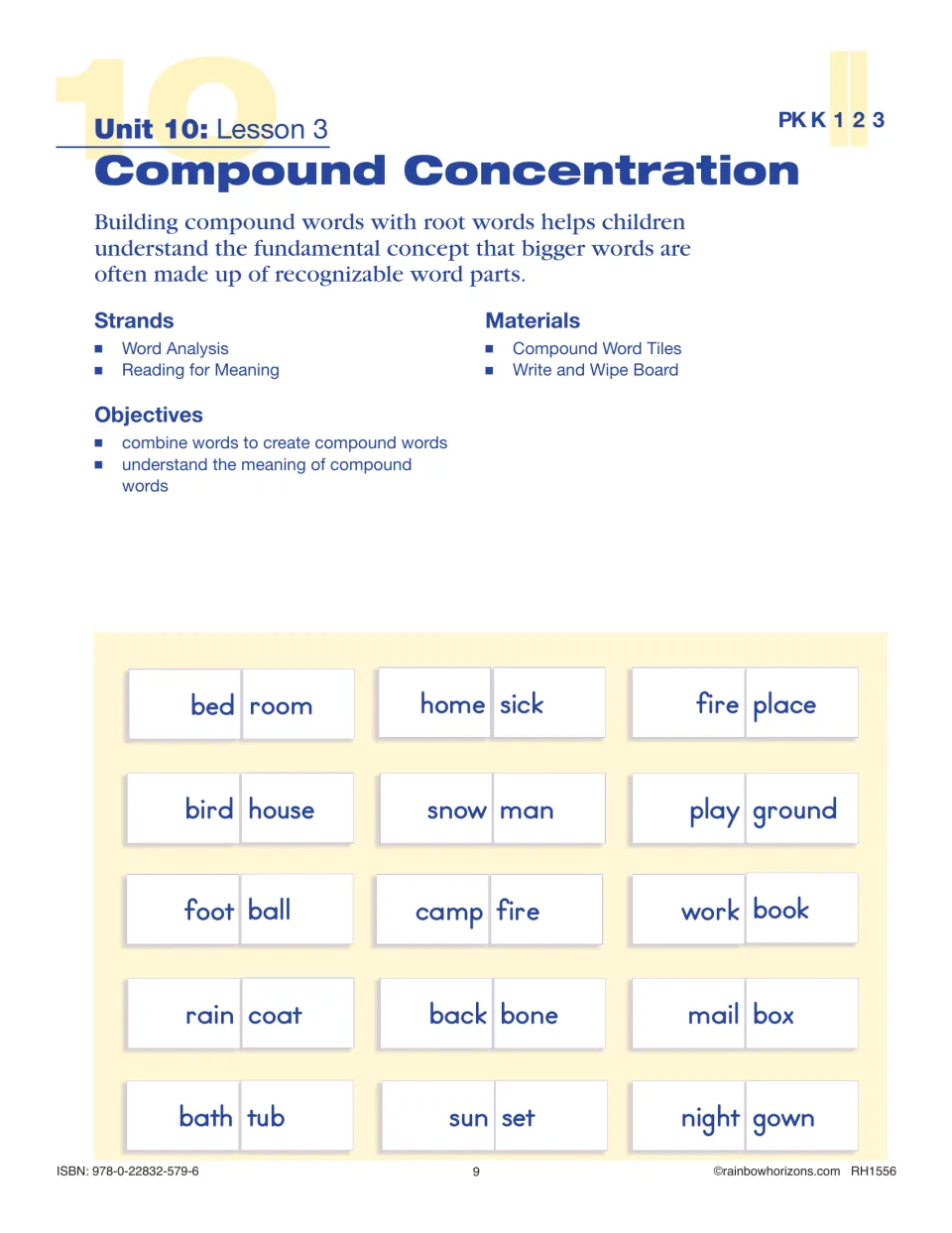 Lesson 3, Compound Concentration: children join tiles like bed room, snow man and night gown to build compound words