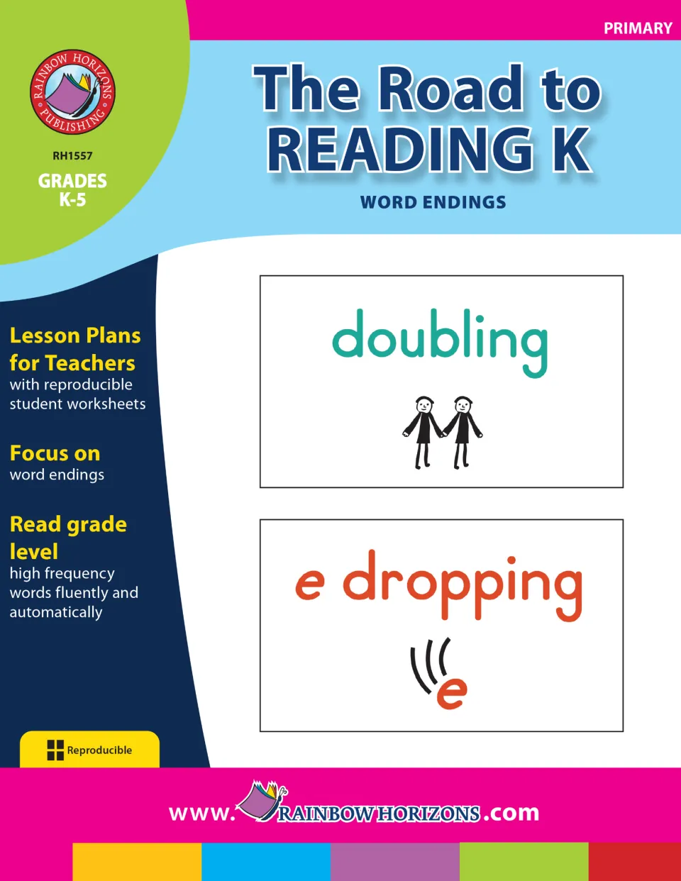 The Road to Reading K Word Endings cover: lesson plans with student worksheets, showing doubling and e dropping cards