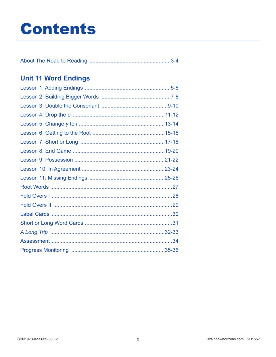 Contents for Unit 11: eleven lessons from Adding Endings to Missing Endings, plus cards, Fold Overs and an assessment