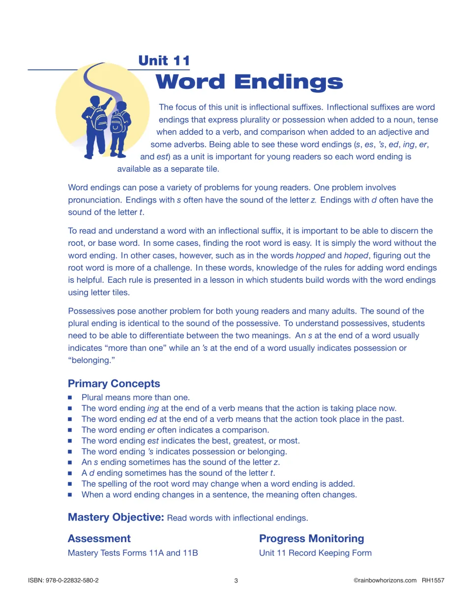 Unit 11 introduction to inflectional suffixes s, es, 's, ed, ing, er and est, plus key concepts and mastery objective