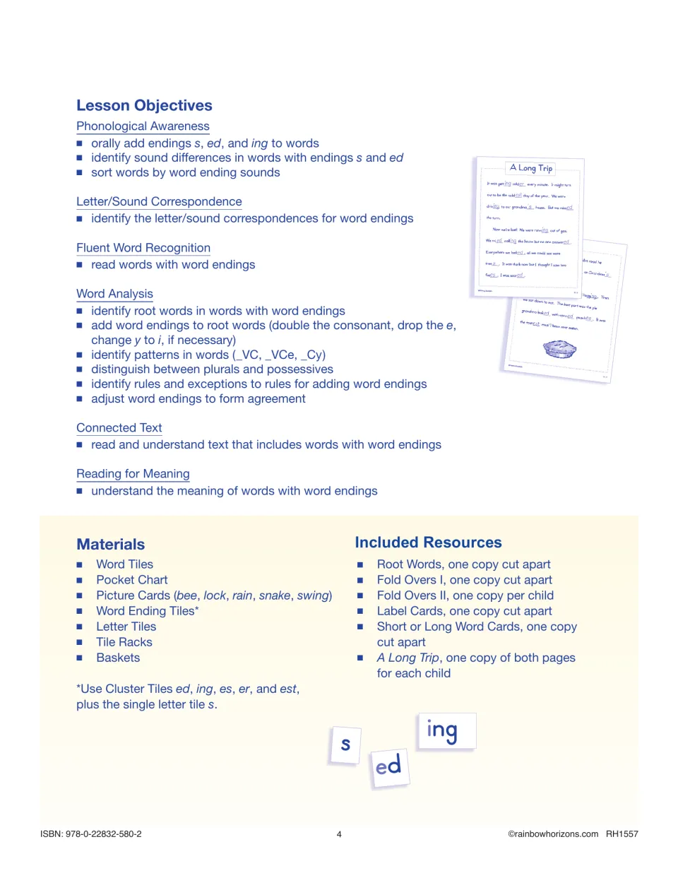 Word endings lesson objectives by strand, plus materials list and included resources like Fold Overs and A Long Trip