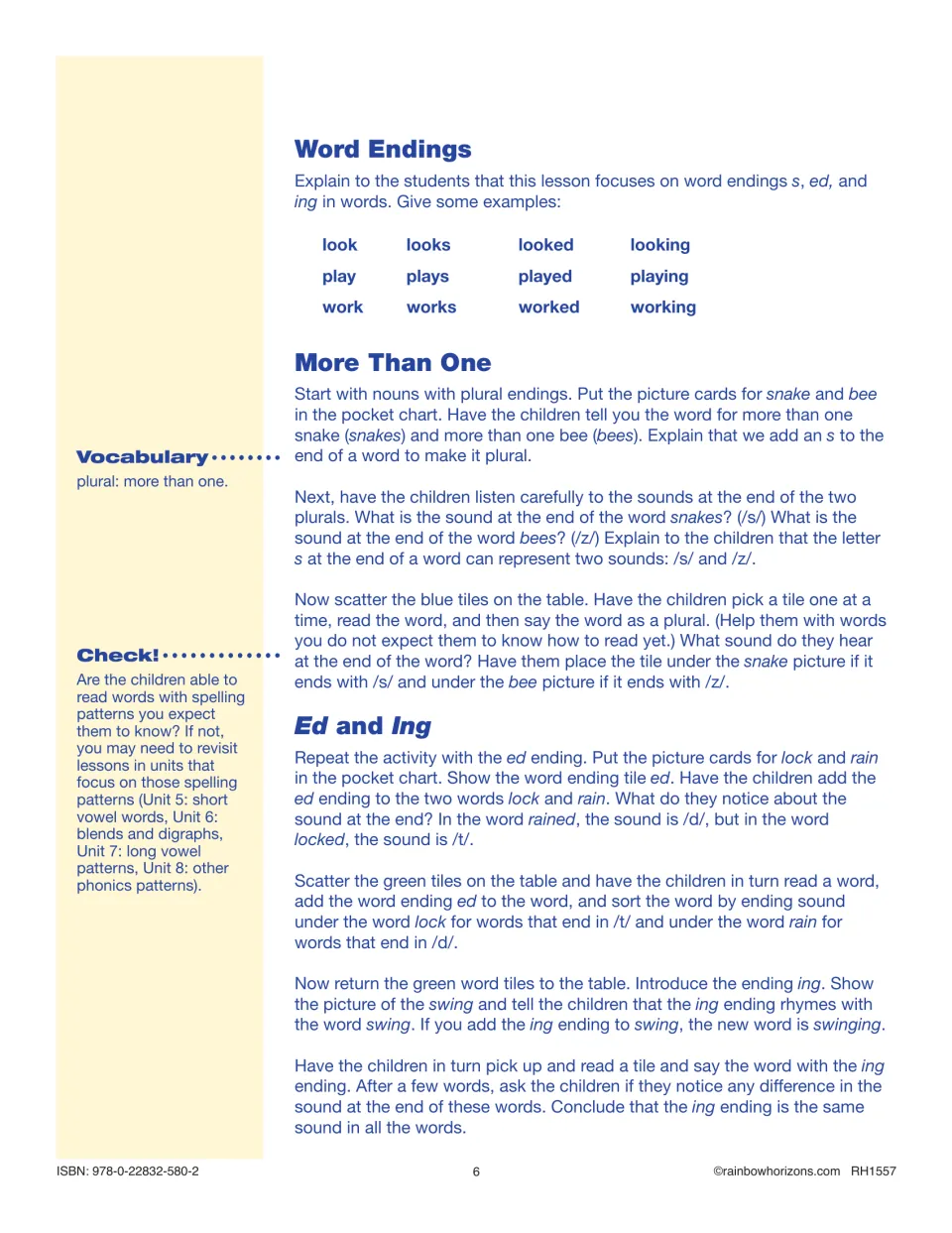 Adding Endings steps: students hear /s/ vs /z/ in plurals, /t/ vs /d/ in ed words, and say words with the ing ending