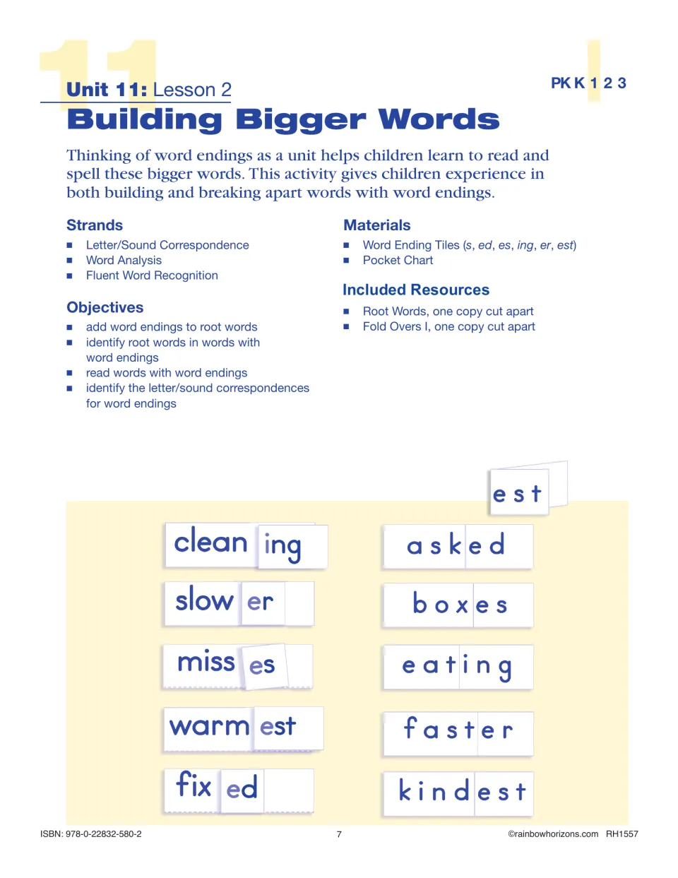 Lesson 2 Building Bigger Words plan: students join root words to endings, e.g. clean+ing, slow+er, fix+ed, warm+est