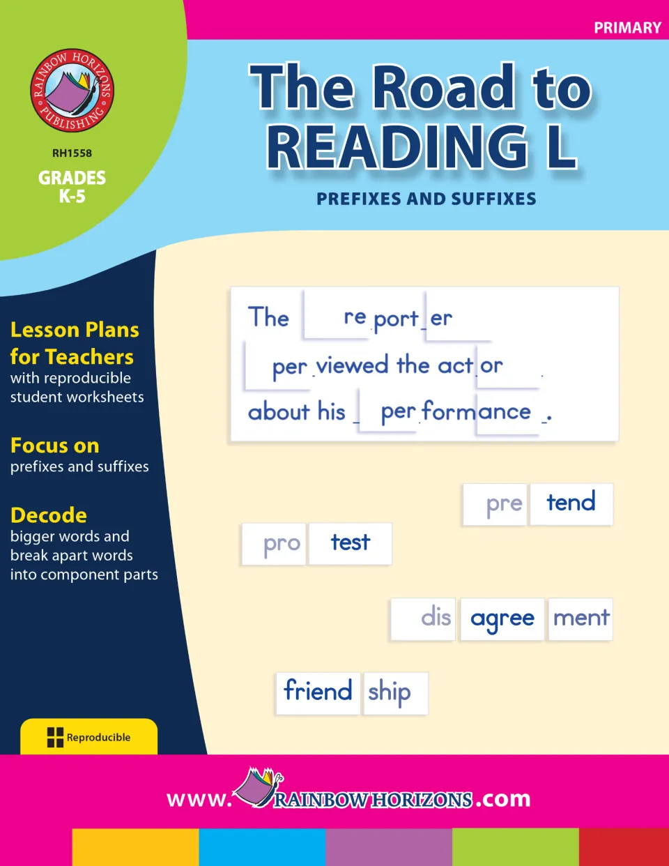 The Road to Reading L cover: lesson plans on prefixes and suffixes, with word tiles like pro test and dis agree ment