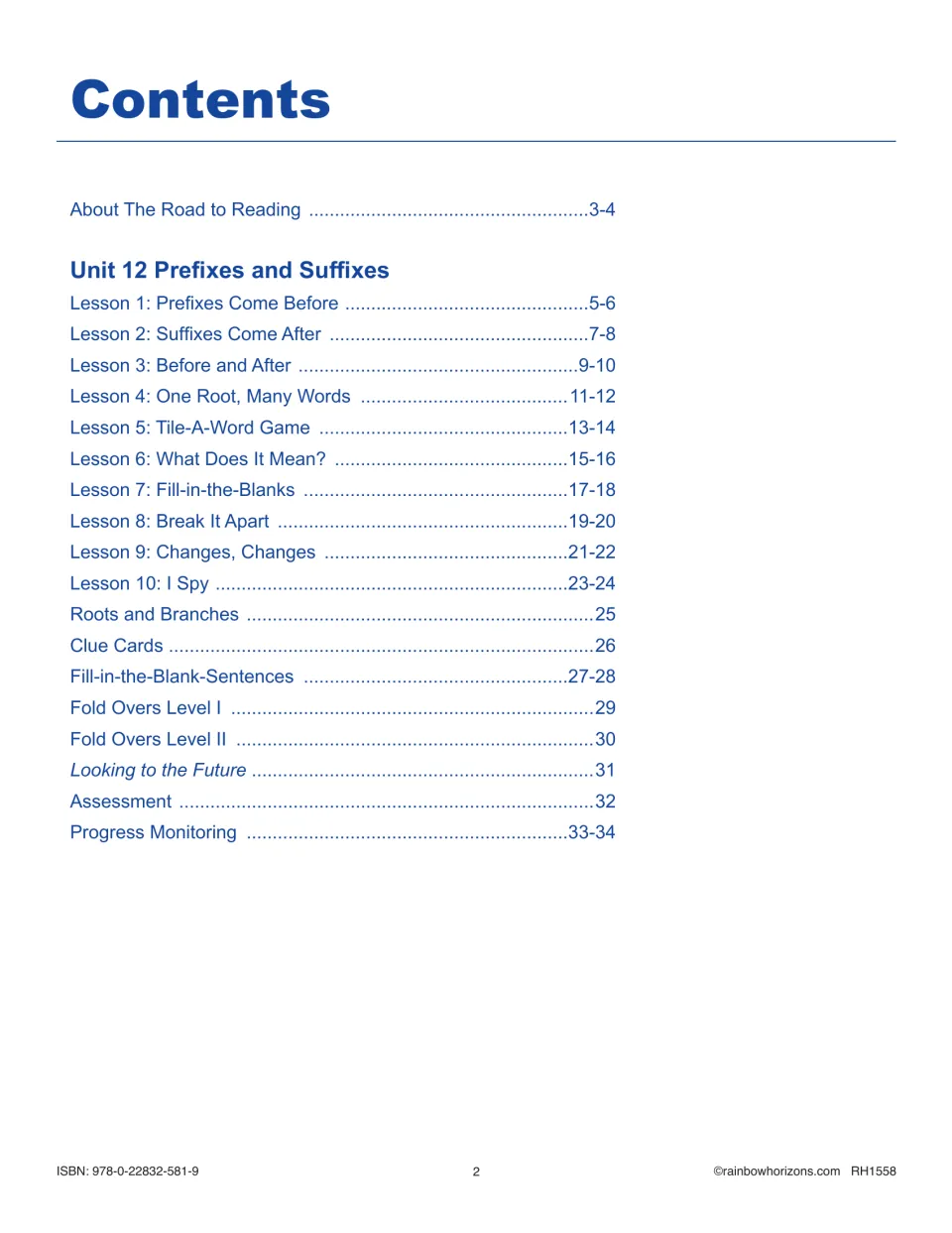 Contents for Unit 12: ten lessons from Prefixes Come Before to I Spy, plus clue cards, fold overs and assessment