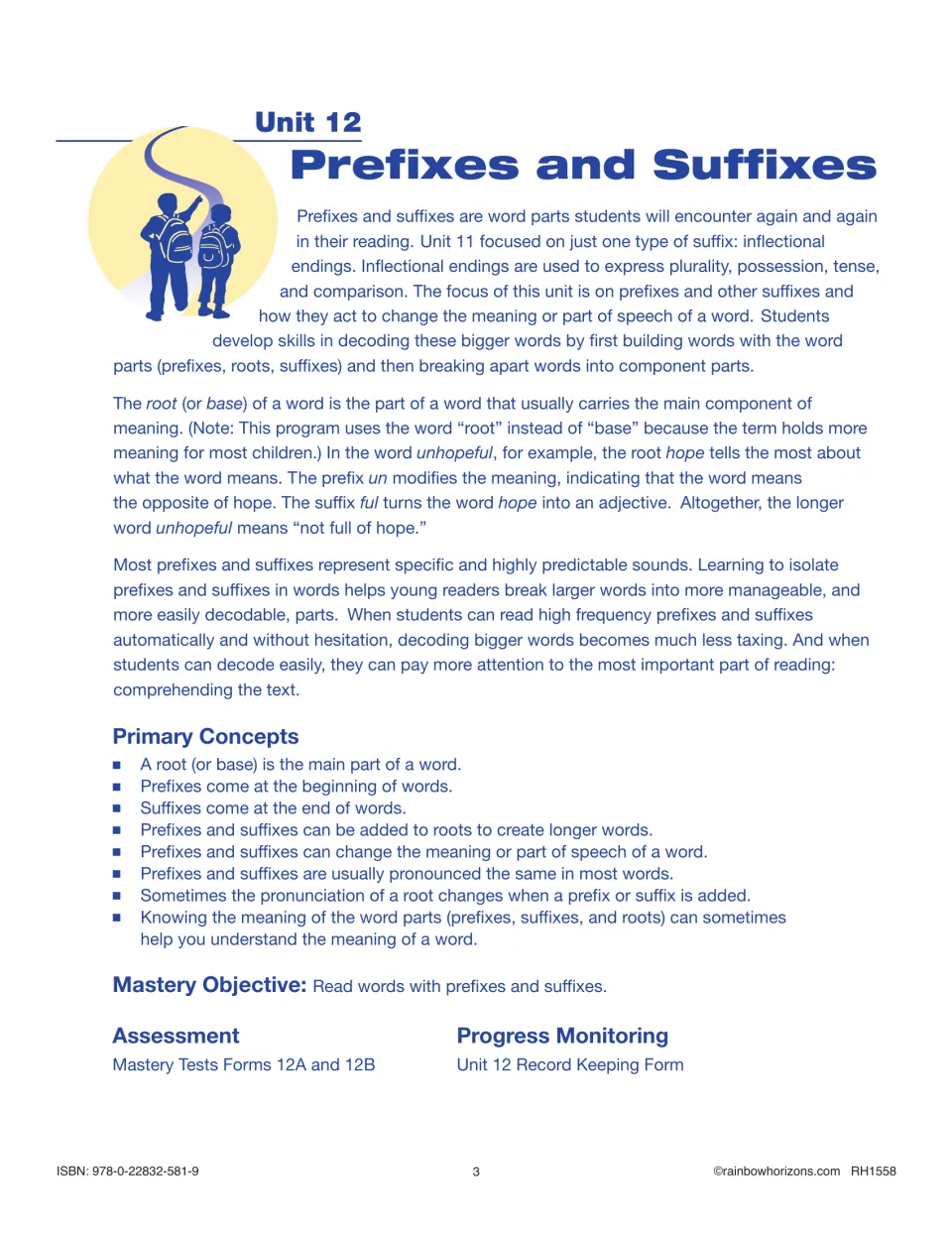 Unit 12 introduction: roots, prefixes and suffixes explained via unhopeful, plus primary concepts and mastery objective