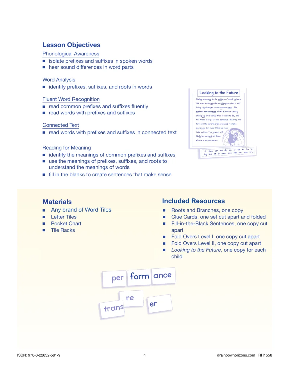 Lesson objectives for phonological awareness to reading for meaning, plus the materials and included resources lists