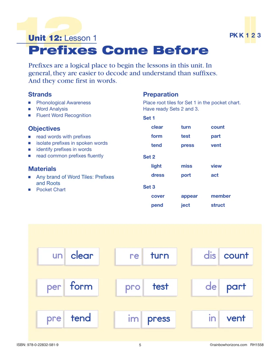 Lesson 1, Prefixes Come Before: students build words like unclear, return and invent by adding prefix tiles to roots