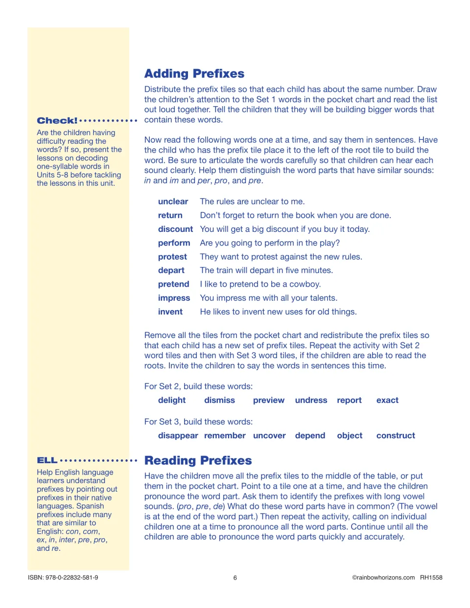 Adding Prefixes: children place prefix tiles left of roots to build perform or depend, then read prefixes aloud