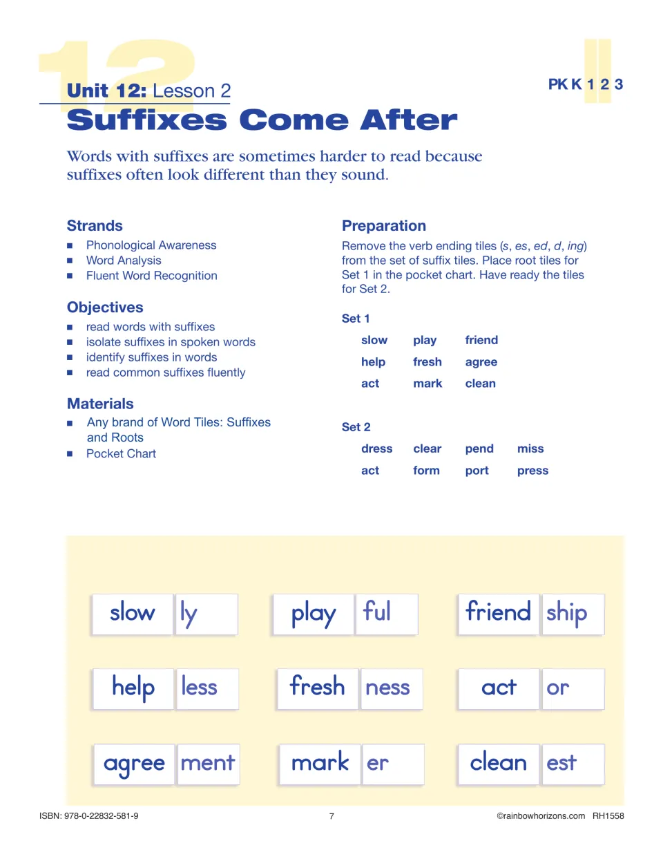 Lesson 2, Suffixes Come After: students add suffix tiles to roots to make slowly, playful, friendship and cleanest