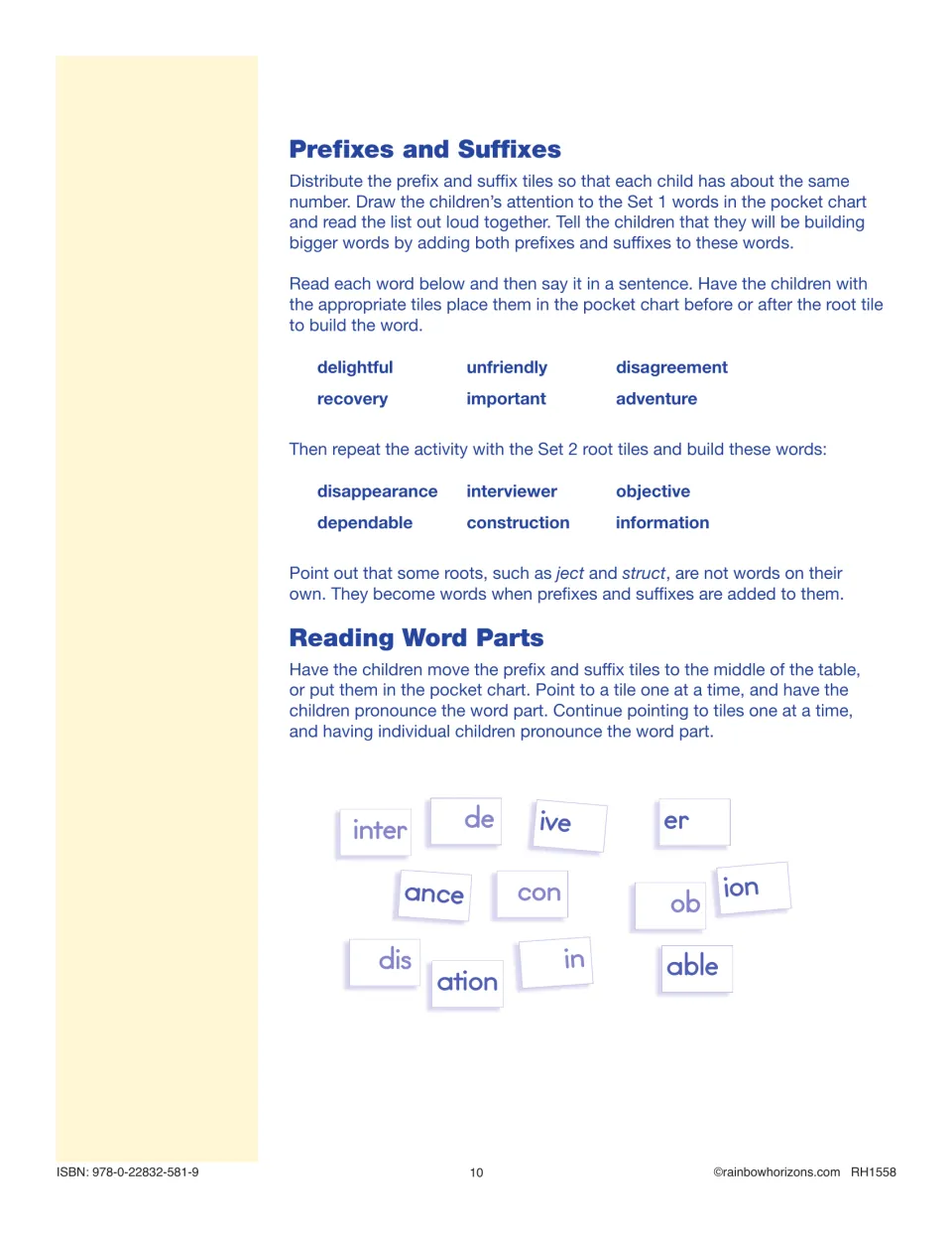 Prefixes and Suffixes lesson steps: build disappearance and construction around roots, then read word-part tiles aloud