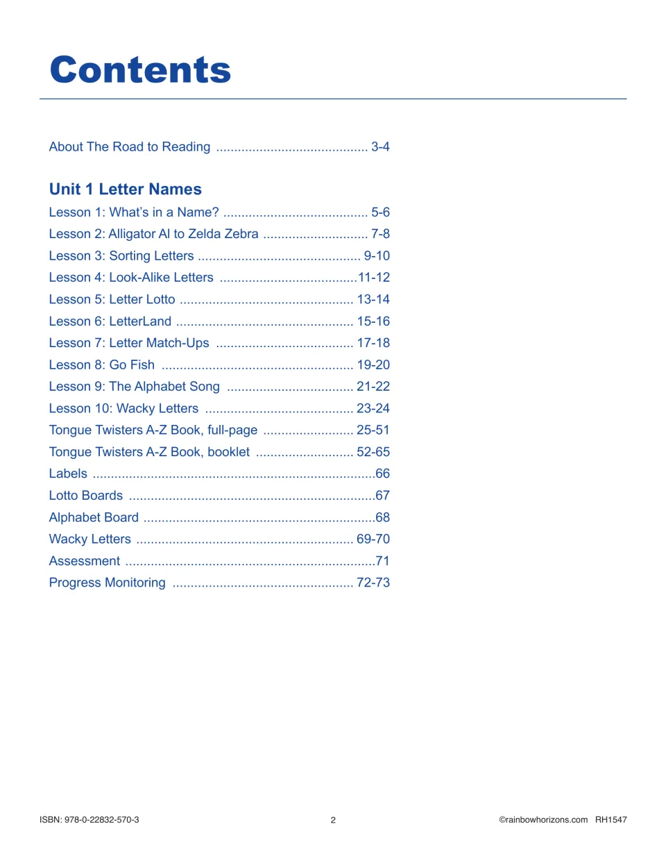 Letter Names contents lists 10 lessons, two tongue twister book formats, game materials, and assessment