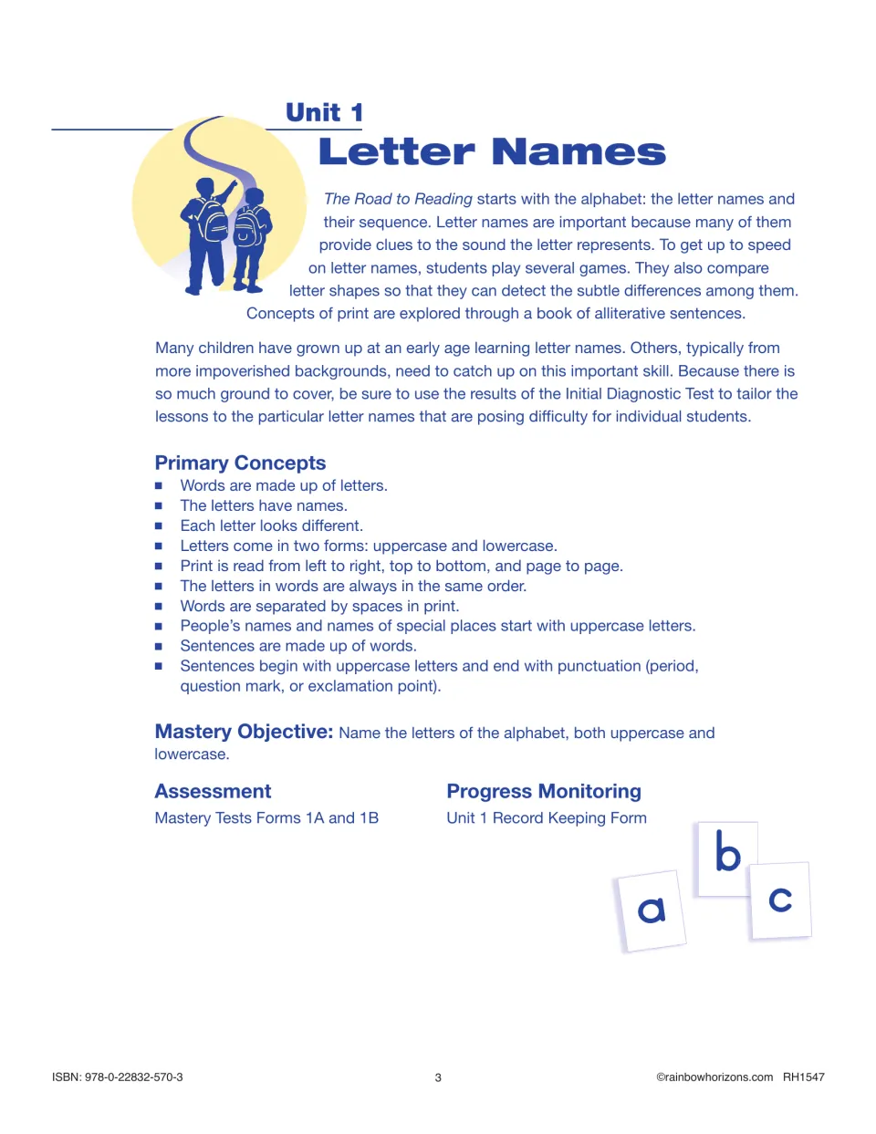 Letter Names unit overview explains alphabet concepts, uppercase and lowercase naming, and progress monitoring