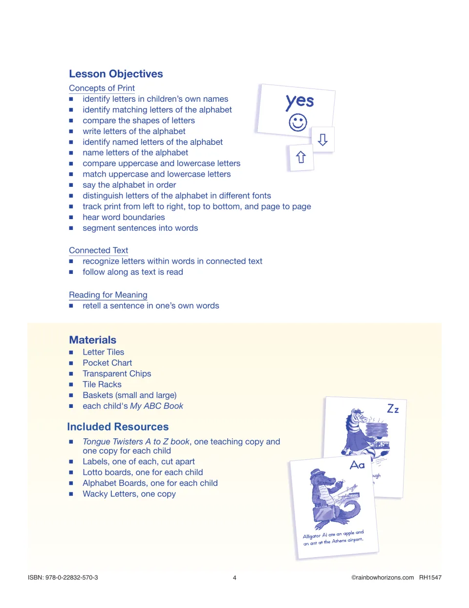 Letter Names lesson objectives cover matching letters, tracking print, and retelling, with materials listed