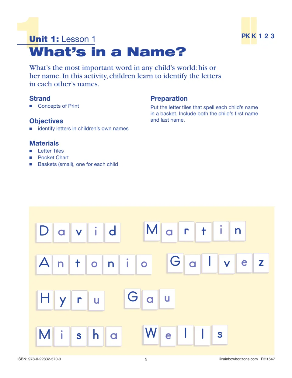 Lesson 1, What's in a Name?, introduces identifying letters in children's names using letter tiles and baskets