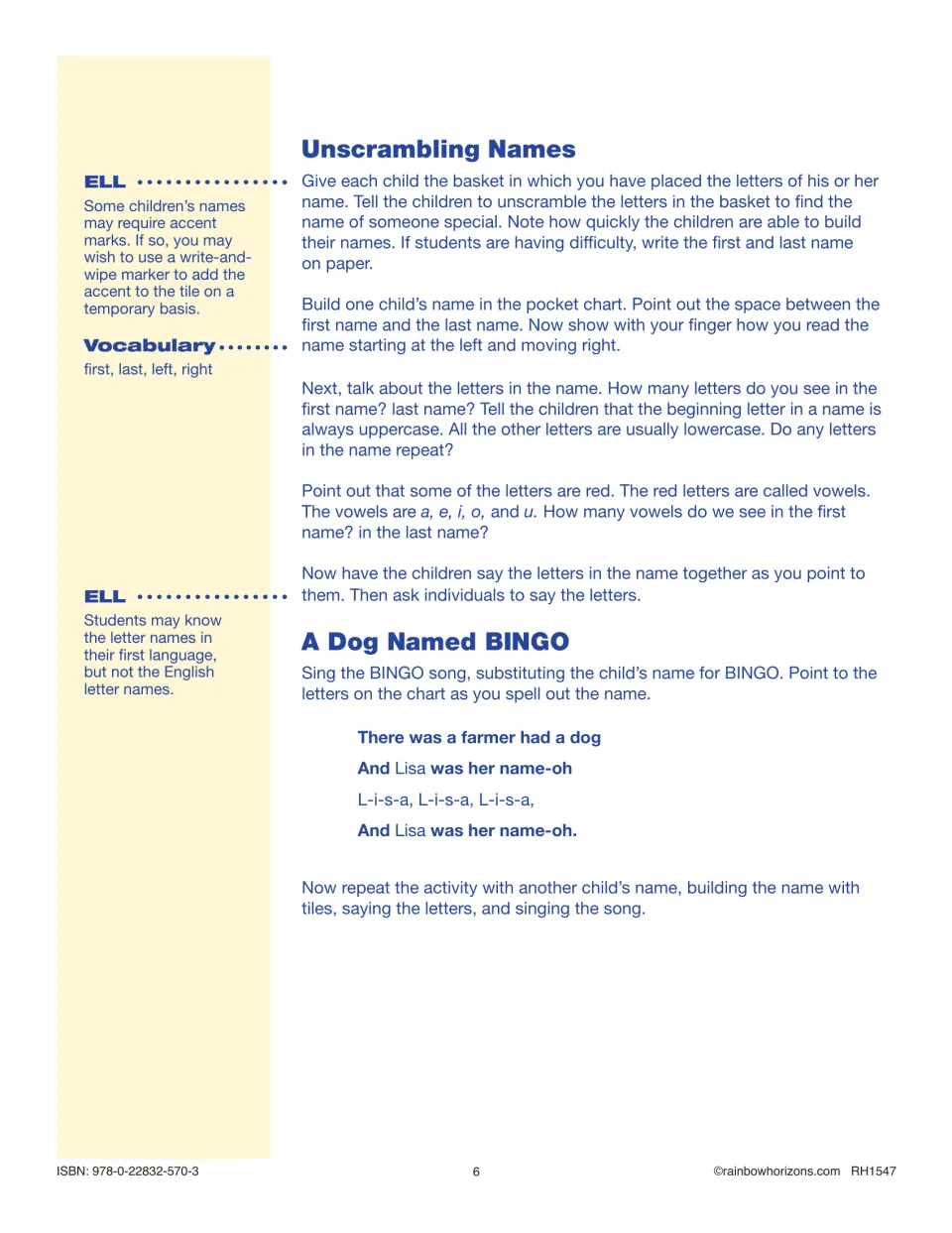 Lesson 1 directions guide unscrambling names, naming letters and vowels, and singing BINGO with children's names
