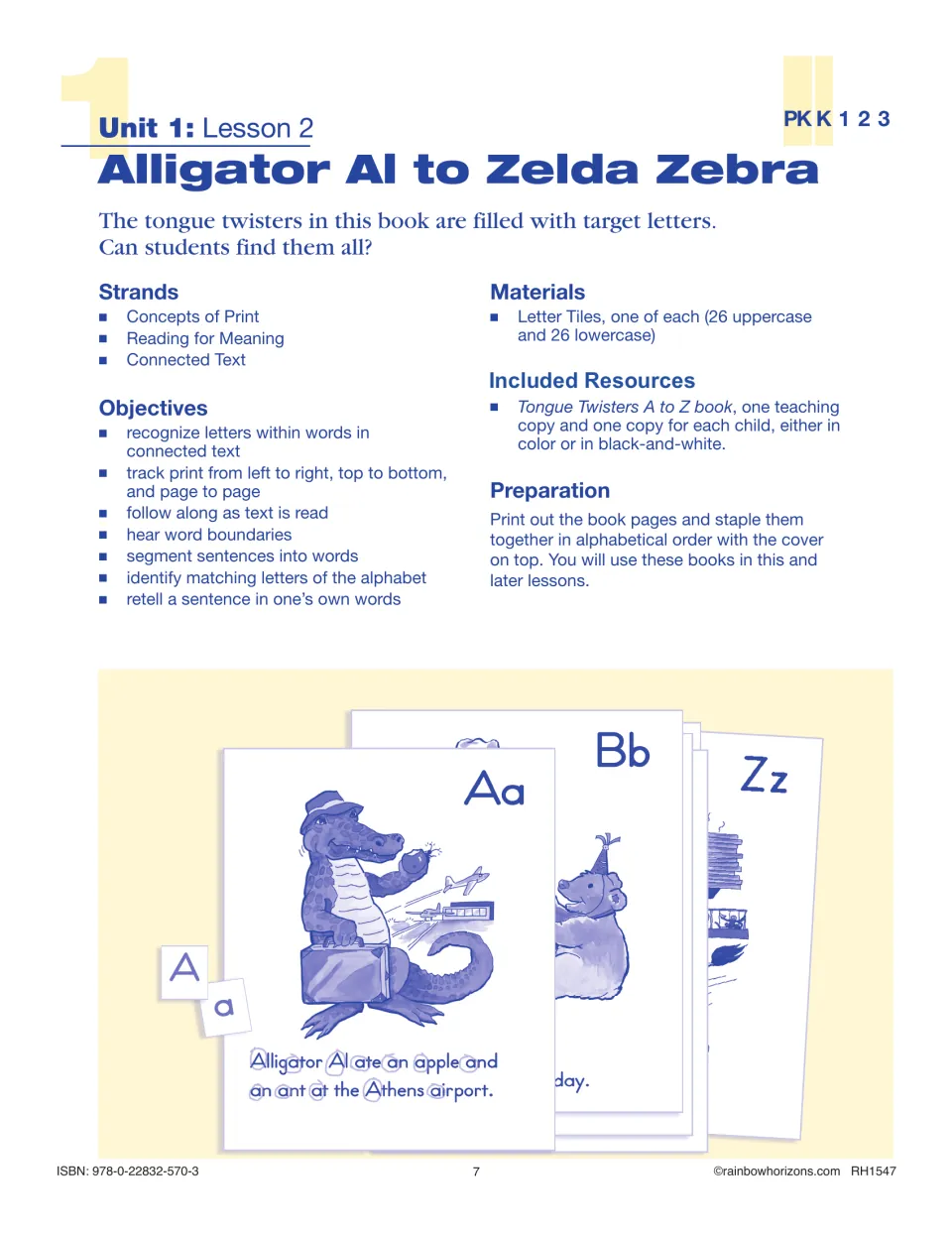 Lesson 2, Alligator Al to Zelda Zebra, introduces finding letters in tongue twisters and preparing alphabet books