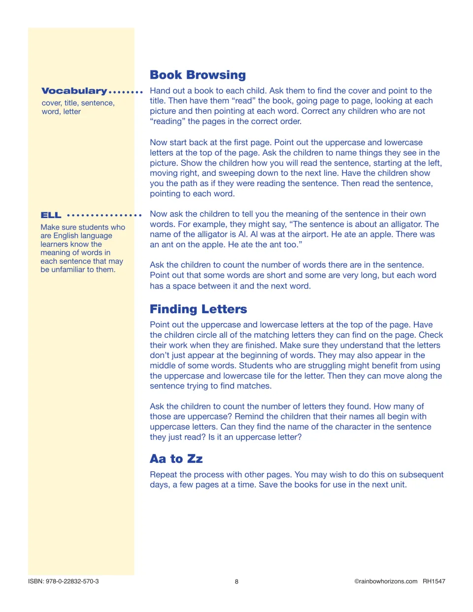 Lesson 2 directions cover browsing the alphabet book, tracking words, retelling sentences, and circling letters