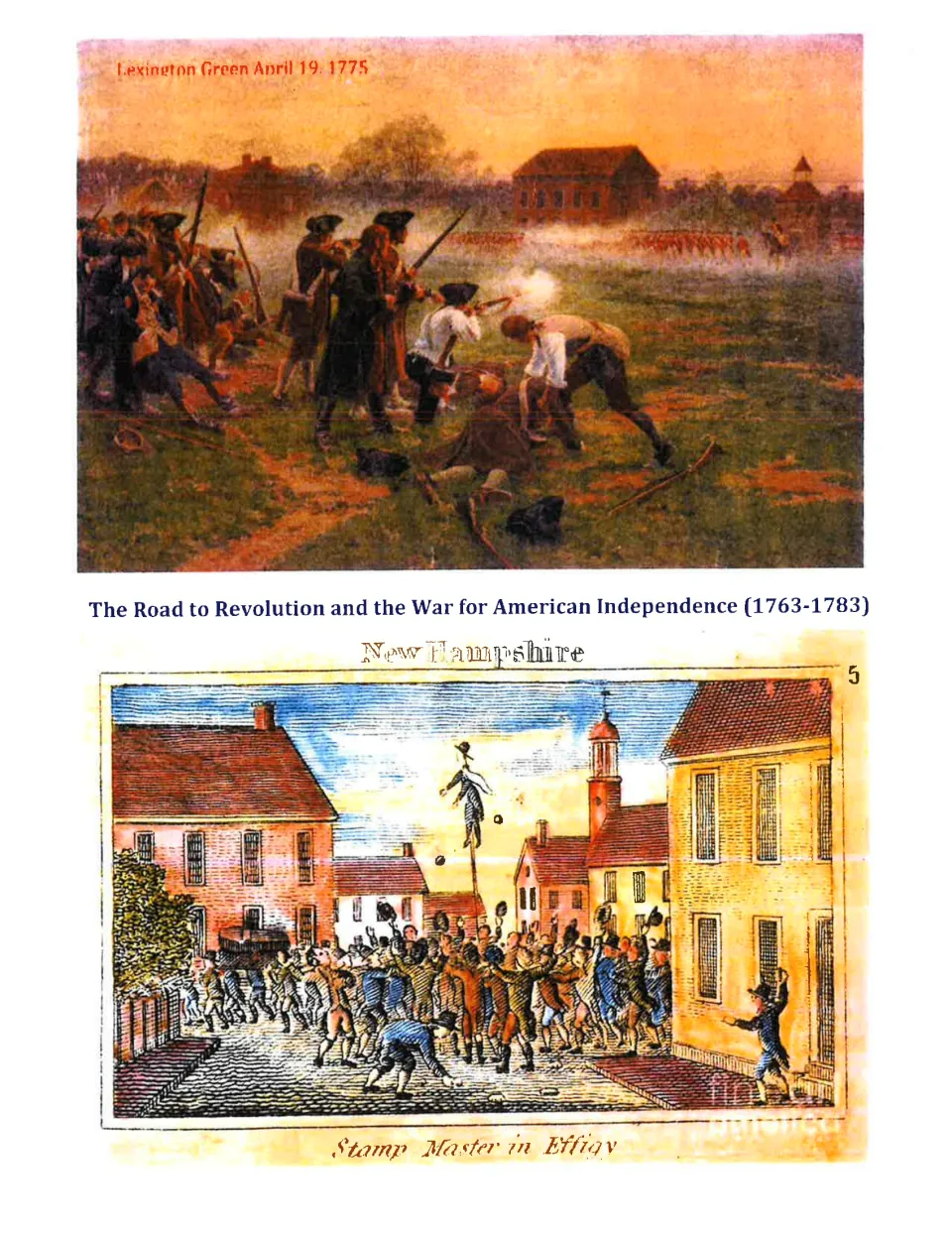 History packet cover introducing American independence, 1763–1783, with Lexington Green and Stamp Act protest art
