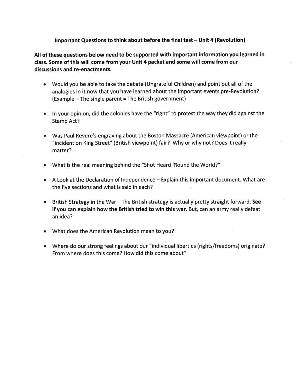 Unit 4 review questions on colonial protests, the Boston Massacre, independence, British strategy, and liberties