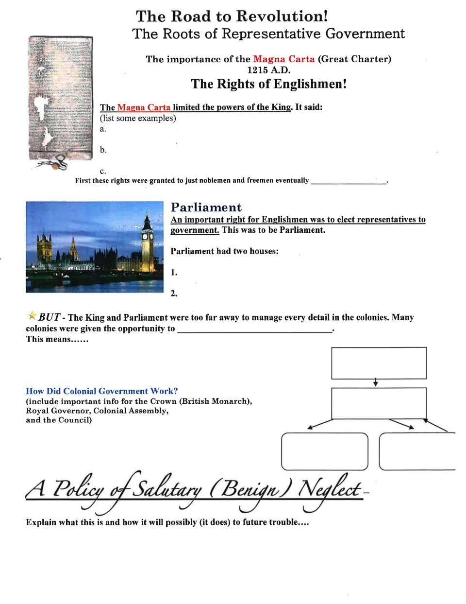 Guided notes on representative government: Magna Carta, Parliament, colonial government, and salutary neglect