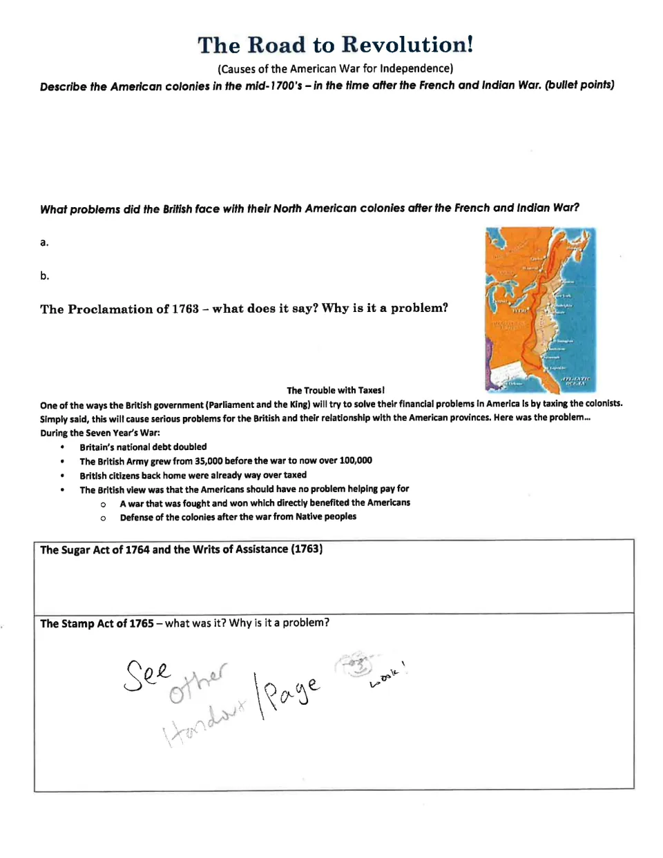 Revolution causes notes on postwar colonial problems, the Proclamation of 1763, the Sugar Act, and the Stamp Act