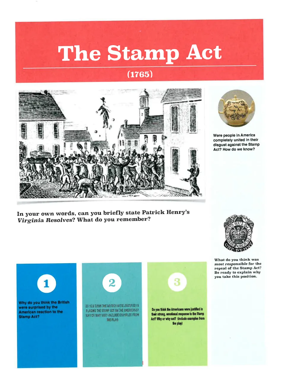 Stamp Act questions examine colonial reactions, Patrick Henry's Virginia Resolves, justification, and repeal