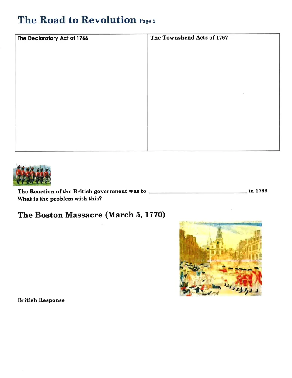 Second Revolution notes sheet covers the Declaratory Act, Townshend Acts, Boston Massacre, and British response